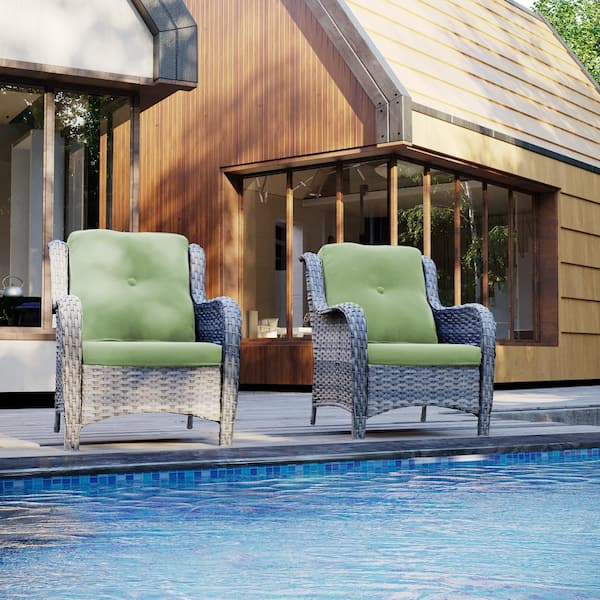 JOYSIDE Ergonomic Arm 2-Piece Patio Wicker Outdoor Lounge Chair with Green Cushions