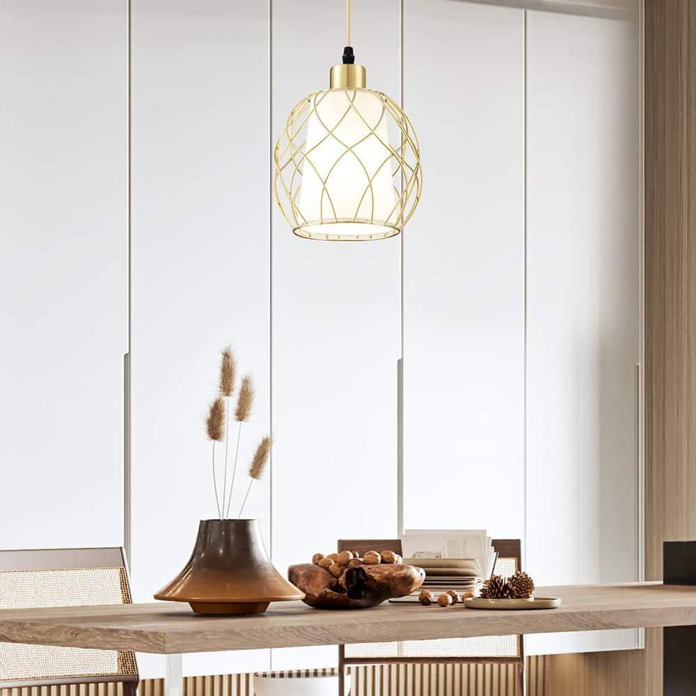 Plug in 1-Light Gold Pendant Light with Linen Shade and Bulb