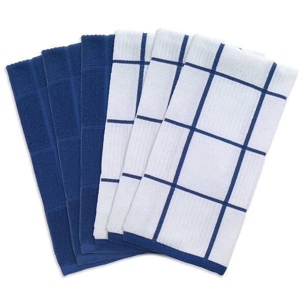 RITZ T-fal Blue Plaid Solid and Check Parquet Woven Cotton Kitchen Towel Set of 6