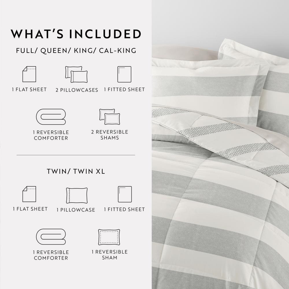 Twin Gray and White Microfiber Bedding Set with Distressed Stripe Pattern