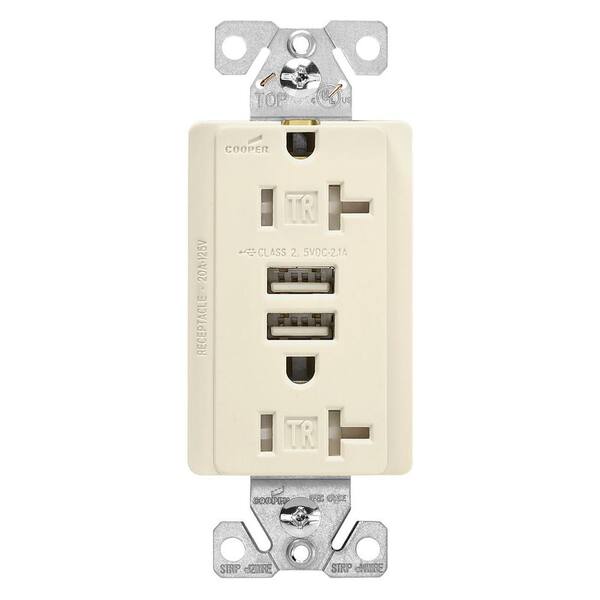 Eaton 20 Amp 125-Volt Combination Outlet and 2 USB 3.1 Amp Charger with Duplex Receptacle - Light Almond