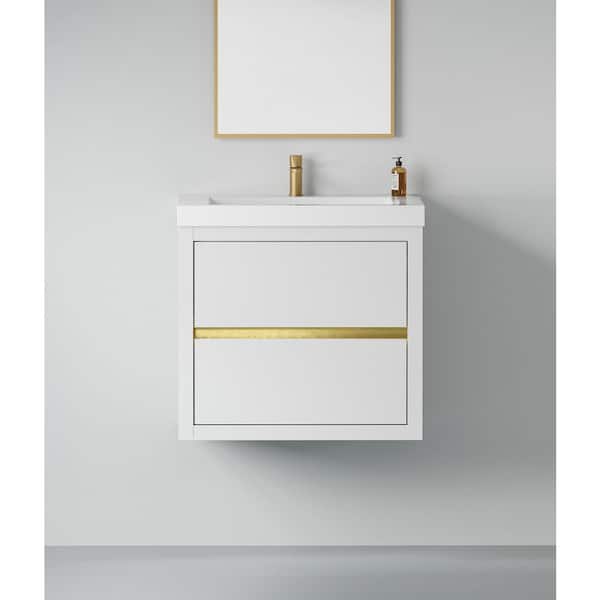24 in. Wall-Mounted Bath Vanity Floating Bathroom Storage Cabinet in Glossy White with White Stone Resin Top