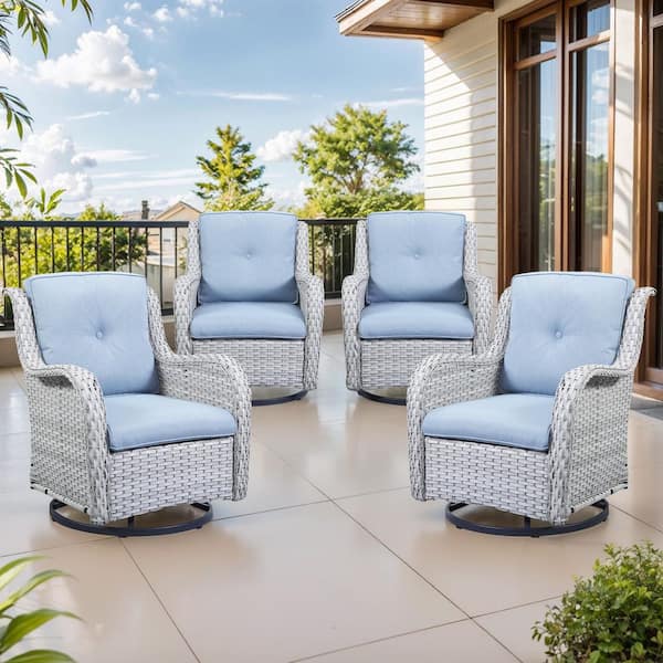 Pocassy 4-Piece Set Outdoor Swivel Light Beige Wicker Outdoor Rocking Chair with CushionGuard Baby Blue Cushions