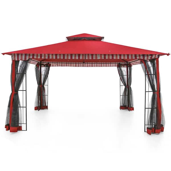 11 ft. x 13 ft. Red Double Tier Roof gazebos with Netting for Patio, Display Shelves for Patio