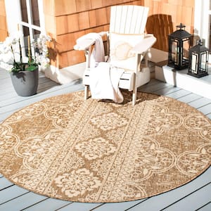 Beach House Cream/Beige 4 ft. x 4 ft. Damask Floral Indoor/Outdoor Patio  Round Area Rug