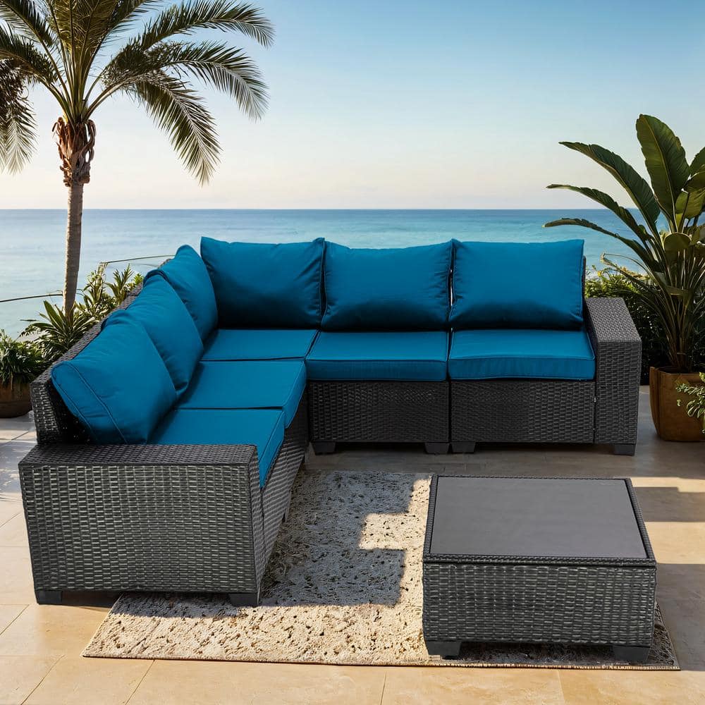 6-Piece Brown Wicker Outdoor Sectional Sofa Set with Peacock Blue Cushions 