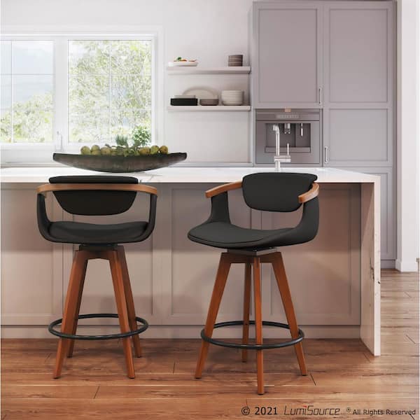 Lumisource Oracle 26 in. in Black Faux Leather and Walnut Mid-Century Modern Counter Stool