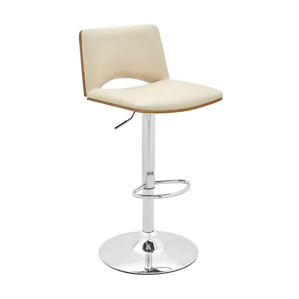 Contemporary Cream Leather & Walnut Swivel Adjustable Bar Stool