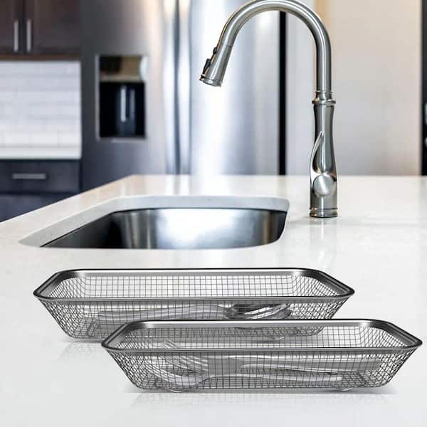 Silver Stainless Steel Utensil Drying Rack 2 Pack with Drainer Basket for Forks Spoons Knives Chopsticks