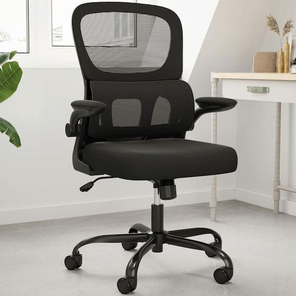Polyurethane Adjustable Height Ergonomic Office Tesk Chair in Black with Adjustable Lumbar Support and Flip-up Armrests