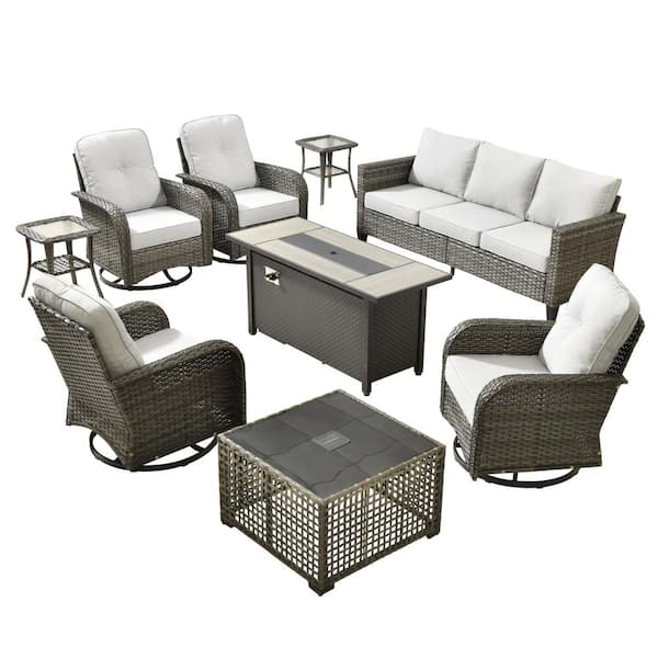 Scarlet 9-Piece Wicker Outdoor Patio Conversation Sofa Set with Swivel Chairs, a LED Table and Light Grey Cushions