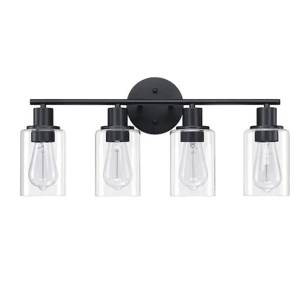 23.09 in. 4-Light Black Over Mirror Bathroom Vanity Light with Clear Glass Shades