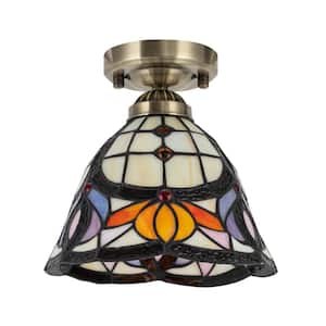 7.87 in. 1-Light Copper Vintage Semi-Flush Mount Ceiling Light with Multicolored Water-Lily Glass Shade No Bulb Included