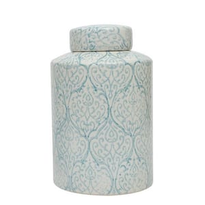 13 in. H Decorative Ceramic Ginger Jar with Lid in Blue and White