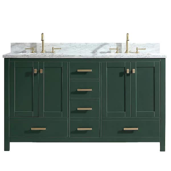 Unbranded Shylah 60 in.W x 22 in.D x 35.4 in.H Free-standing Double Sinks Bath Vanity in Green with Straight Marble Vanity Top
