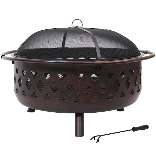 Cross Weave 36 in. x 24 in. Large Round Steel Wood Burning Fire Pit in  Bronze with Spark Screen