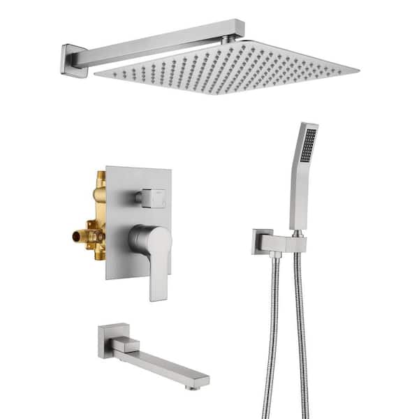 ACAD Single-Handle 3-Spray Square High Pressure WALL Mount Bathroom Brass 12 In Rainfall Shower Faucet in Brushed nickel
