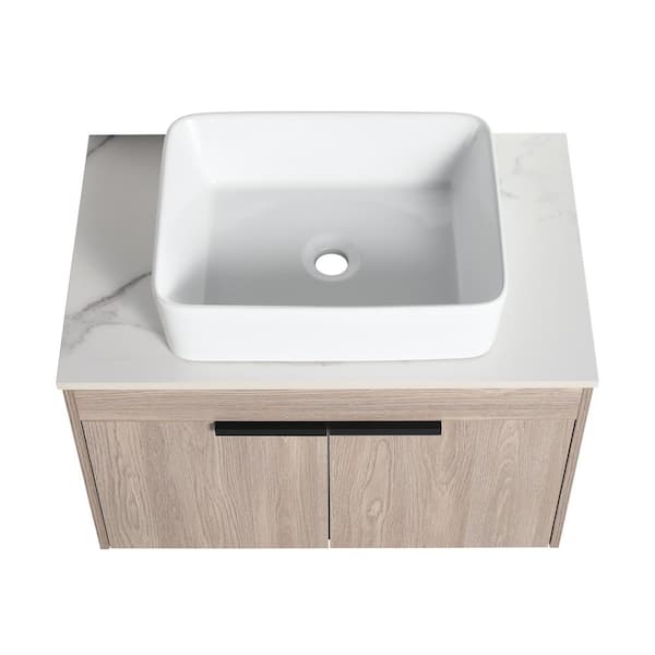 Unbranded 29.5 in. W x 18.9 in. D x 23.6 in . H Floating Bath Vanity Wall Mounted in White Oak with White Sintered Stone Top