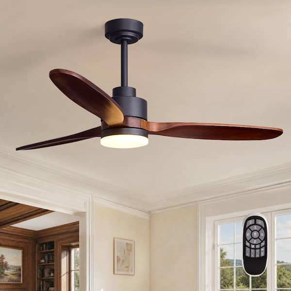 52 in. Wood Blade Ceiling Fan with Light Black Finish DC Motor Remote Control and Dimmable LED