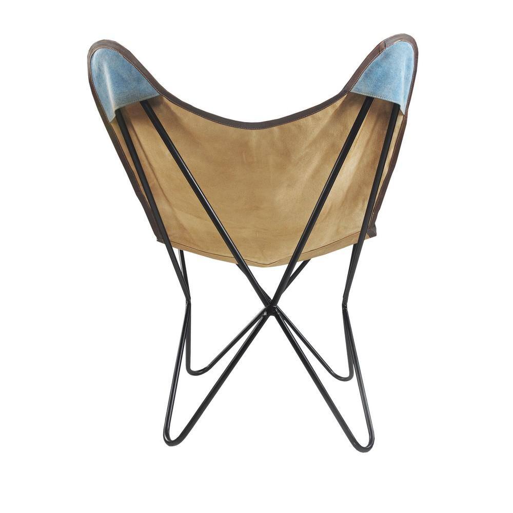 Handcrafted Blue and Ivory Leather Butterfly Chair with Metal Frame