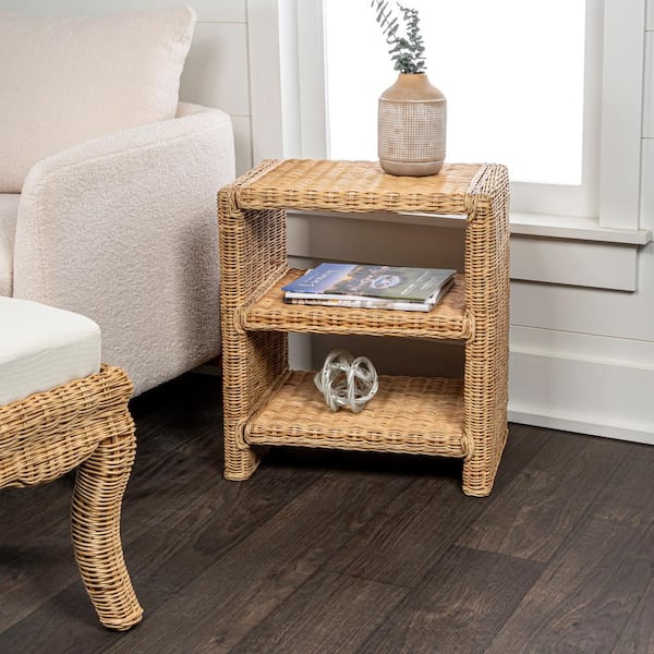 Praerie 22 in. Coastal Bohemian Rattan/Wood 3-Tier End Table, Natural