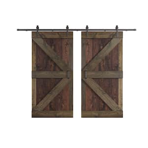 K Series 84 in. x 84 in. Smoky Gray/Kona Coffee Knotty Pine Wood Double Sliding Barn Door with Hardware Kit