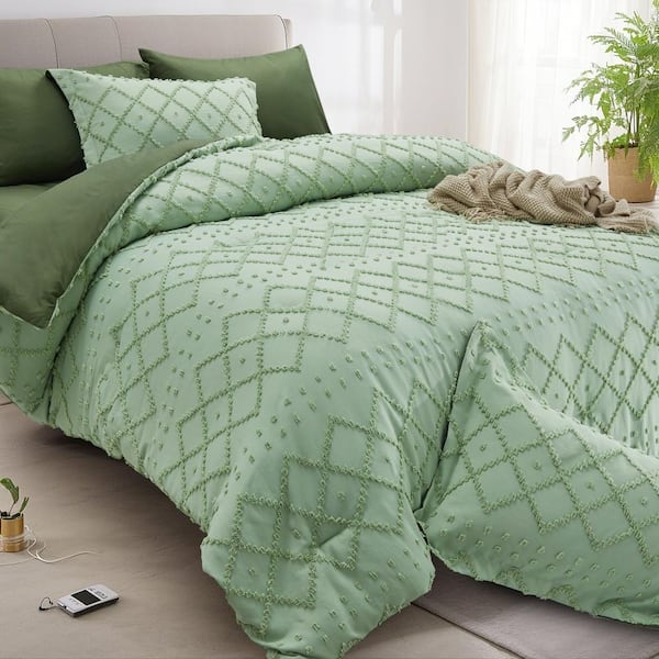 JEAREY Modern Cut Floral Sage Green Patchwork Dark Green Microfiber Full Comforter 7-Piece Set