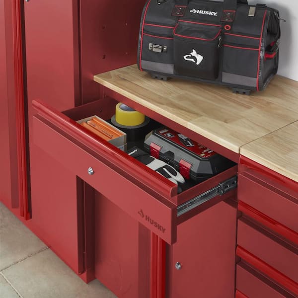 Husky - Heavy Duty Welded 20-Gauge Steel 1-Drawer 2-Door Garage Base Storage Cabinet in Red (28 in. W x 32 in. H x 21.5 in. D)