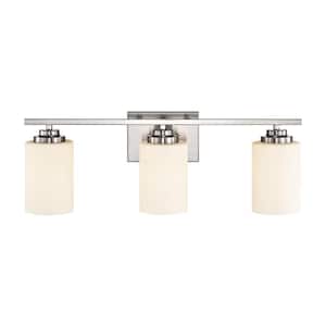 22 in. 3-Light Brushed Nickel Vanity Light with White Etched Glass Shades