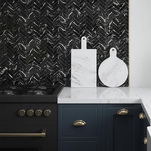 Take Home Tile Sample - Hollow Black 4 in. x 4 in. Herringbone Gloss Glass Mosaic