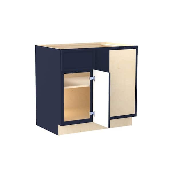 Franklin 36 in. W x 24 in. D x 34.5 in. H Assembled Plywood Base Blind Corner Kitchen Cabinet in Vessel Blue Soft Close