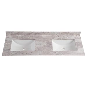 61 in. W x 22 in. D Stone Effects Cultured Marble Double Vanity Top in Winter Mist with 2 Undermount White Sinks