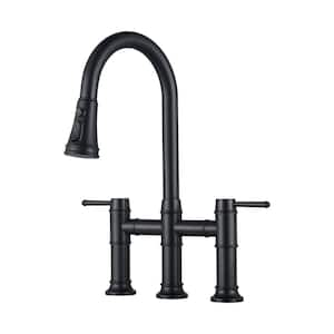 Double Handle Transitional Bridge Pull Down Sprayer Kitchen Faucet in Matte Black