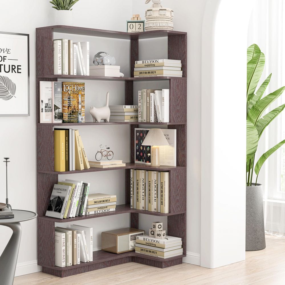 Saniya 64.56 in. Tall Ox Blood Red Wood 5-Tier Freestanding L-Shaped Corner Bookcase For Living Room price history on PriceWatchPro