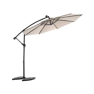 10 ft. Solar LED Offset Hanging Market Patio Umbrella in Khaki