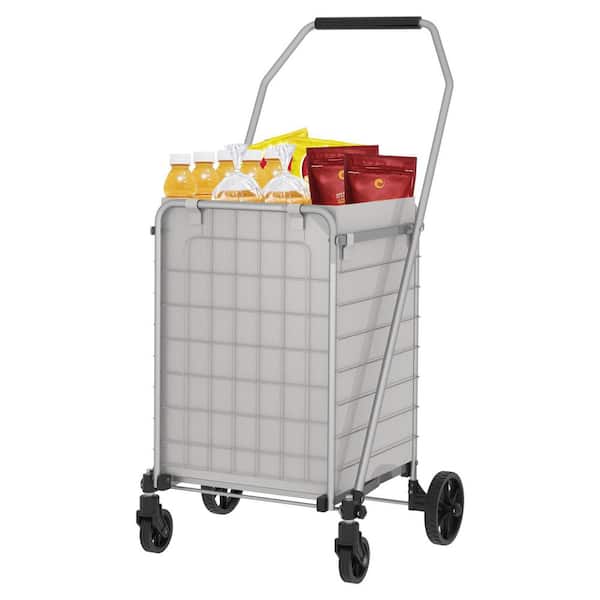 19.5 in. Tool Cart, Extra Large Foldable Grey Shopping Tool Cart with Dual Basket, Liner and 360° Rolling Swivel Wheels