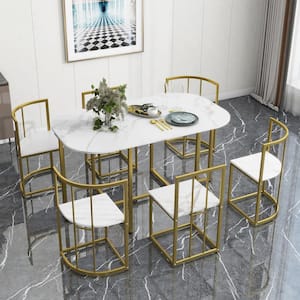 Modern 7-Piece 55 in. Dining Table Set Iron Framed Table with Wood Top and 6 Chairs, Golden and White