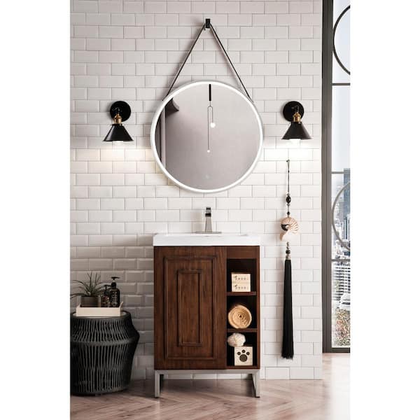 Alicante' 24 in. W x 18.3 in. D x 35.5 in. H Bath Vanity in Mid Century Acacia and Nickel with White Glossy Resin Top