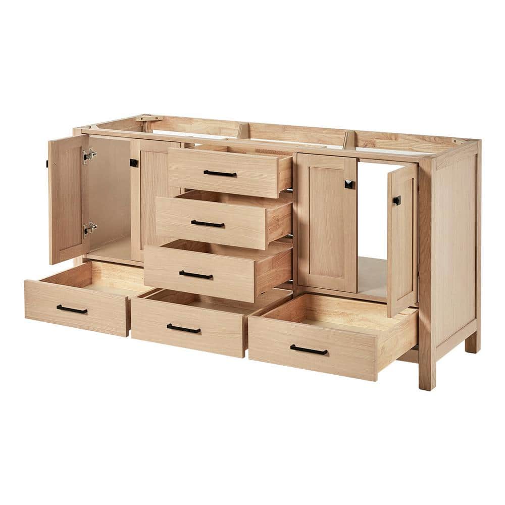 66'' Medium Oak Double Freestanding Bathroom Vanity with Black Hardware