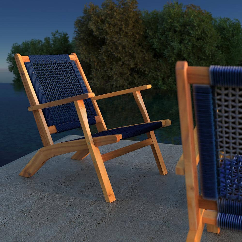 Vega Midcentury Natural Acacia Wood Outdoor Chair with Navy Blue Cording