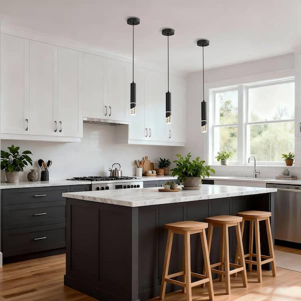 1-Light Modern Black Integrated LED Mini Pendant Light, Metal and Glass Ceiling Light for Kitchen Island, Bedroom,3 Pack