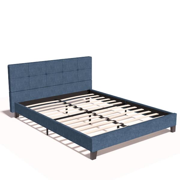 Unbranded 63 in. W Blue Metal Frame Queen Tufted Square Stitched Headboard Platform Bed