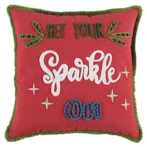 Red/Green Christmas "Get Your Sparkle On" Poly Filled 18 in. x 18 in. Decorative Throw Pillow