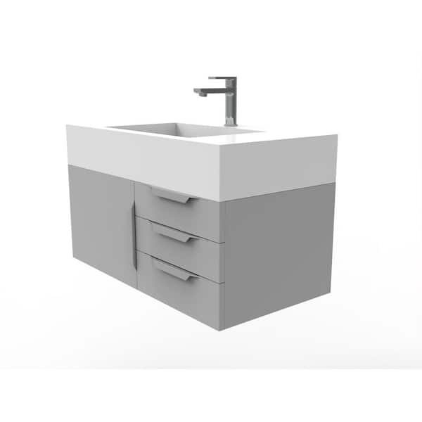 castellousa Nile 36 in. W x 19 in. D x 20 in. H Bath Vanity in Matte Gray with Chrome Trim and White Solid Surface Top