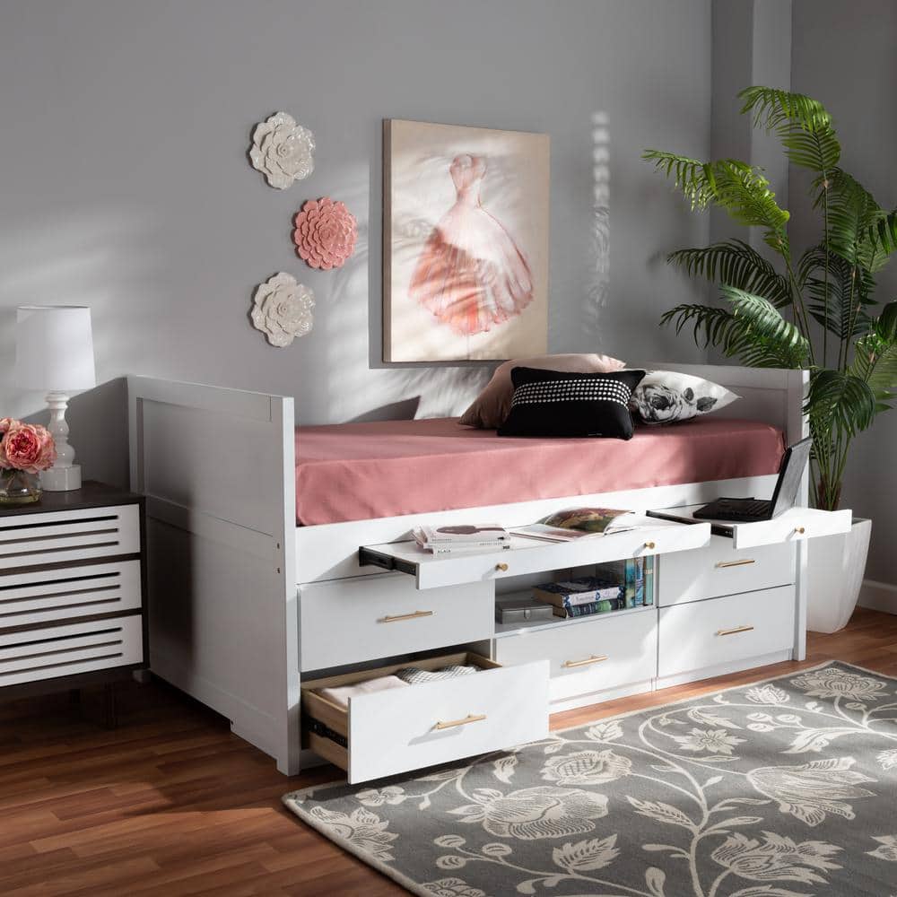 White Twin Wood Frame Storage Bed with Pull-Out Desk