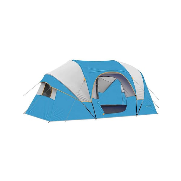 Zeus & Ruta 14 ft. x 11 ft. Lake Blue 10-Person Canopy Portable Camping Tent with 4 Mesh Windows for Outdoor Camping