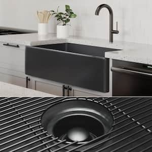 Luxury Matte Black Solid Fireclay 33 in. Single Bowl Farmhouse Apron Kitchen Sink with Matte Black Accs and Flat Front