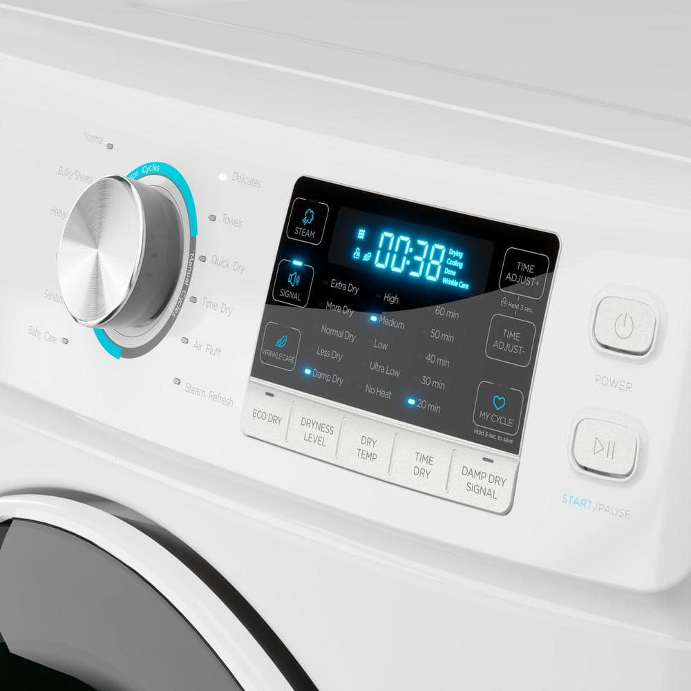 8 Cubic Feet White Electric Stackable Dryer with Steam and Sensor Dry