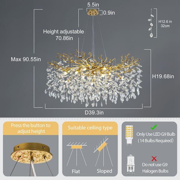 PUYRNF 40 in. 14-Light Dimmable Gold Tree Branch Chandelier
