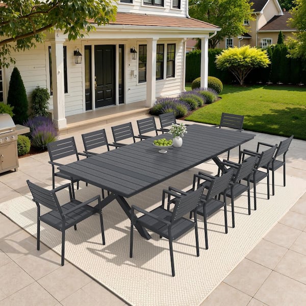 Black 13-Piece 118 in. Aluminum Wood-Like Rectangular Patio Outdoor Dining Set with Stackable Arm-Chairs, Umbrella Hole